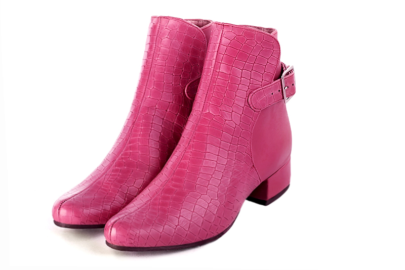 French elegance and refinement for these fuschia pink dress booties, with buckles at the back, 
                available in many subtle leather and colour combinations. Customise or not, with your materials and colours.
This charming ankle boot fits snugly around the ankle.
It closes on the outside with a buckle.  
                Matching clutches for parties, ceremonies and weddings.   
                You can customize these buckle ankle boots to perfectly match your tastes or needs, and have a unique model.  
                Choice of leathers, colours, knots and heels. 
                Wide range of materials and shades carefully chosen.  
                Rich collection of flat, low, mid and high heels.  
                Small and large shoe sizes - Florence KOOIJMAN